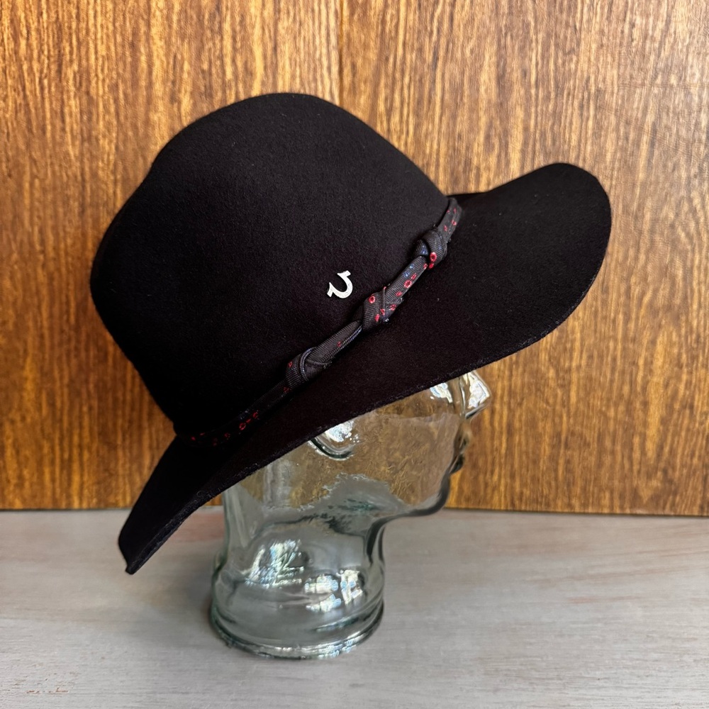 TRUE RELIGION Womens Wool Black Wide Brim Fedora Homburg Hat Classic Chic 22”